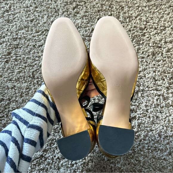 J. Crew Millie Bow Ankle Strap Heels in Metallic Croc Embossed Leather Gold 10 - Picture 8 of 12